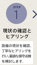 STEP1 現状の確認とヒアリング　設備の現状を確認、丁寧なヒアリングを行い、最適な保守点検を検討します。